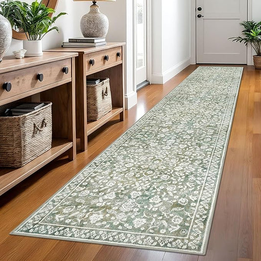 Vintage 2.6x12 Hallway Runner, Sage Green Beige Washable Non-Slip Long Hallway Carpet, Super Soft Kitchen Runner, Print Faux Wool Floral Thin Carpet for Entryway