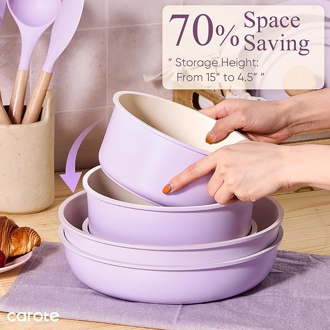 CAROTE Pots and Pans Set Non Stick, Cookware Sets, 19pcs Kitchen Set, Oven/Fridge Safe, Space Saving Pots Set, Nonstick Set with Versatile Removable/Detachable Handle, Induction RV Set, Purple