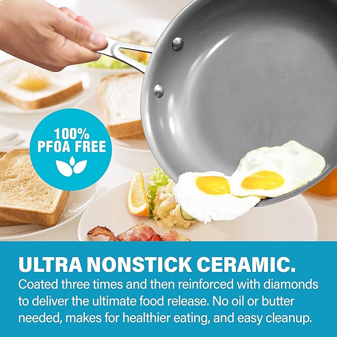Gotham Steel 15 Pc Ceramic Cookware Set, Ceramic Pots and Pans Set Non Stick with Cooking Utensils and Steamer, Non Toxic PFOA PFOS Free, Premium Stay Cool Handles, Oven & Dishwasher Safe, Blue