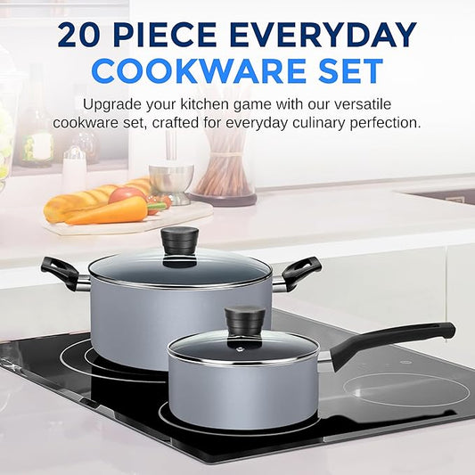 SereneLife Kitchenware Pots & Pans Basic Kitchen Cookware, Black Non-Stick Coating Inside, Heat Resistant Lacquer (20-Piece Set), One Size, Gray