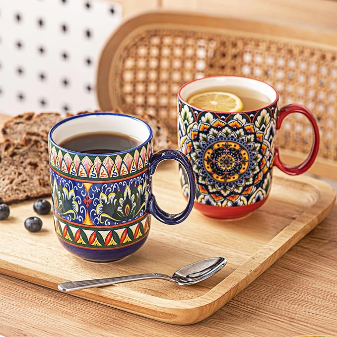Henten Home Porcelain Coffee Mug Set of 6, 14 oz Colorful Latte Cup with Handle, Boho Ceramic Mug for Hot Chocolate, Milk, Tea, Cappuccino, Cocoa, Microwave & Dishwasher Safe