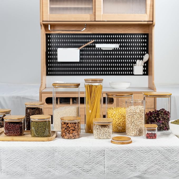 156oz Airtight Glass Square Storage Canister with Bamboo Lid Set of 2(4600ml*2) Large Gallon Glass Jars for Sugar, Flour, Cookies and Coffee beans (with Black Lable)