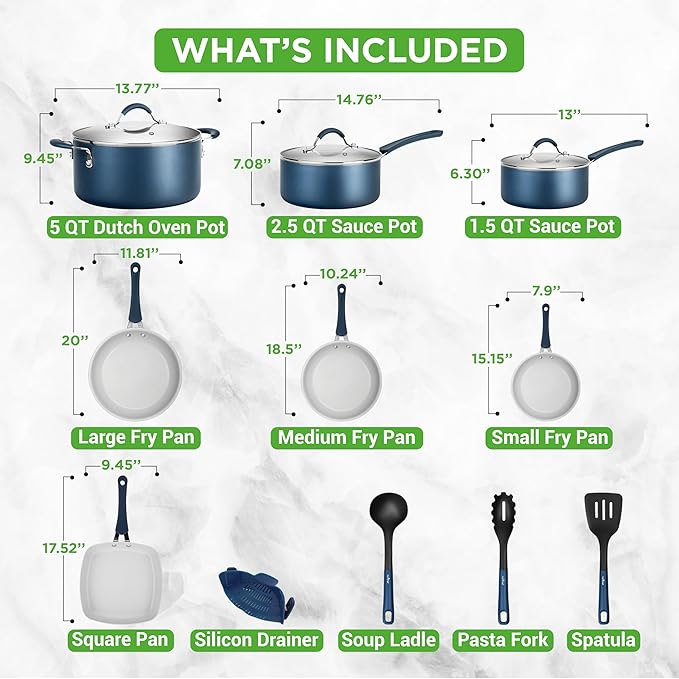 NutriChef Kitchenware Pots & Pans High-Qualified Basic Kitchen Cookware, Non-Stick (14-Piece Set), One Size, Blue
