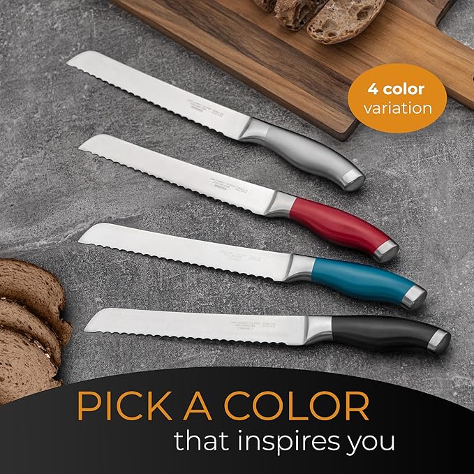 Orblue Serrated Bread Knife Ultra-Sharp Stainless Steel Professional Grade Bread Cutter - Cuts Thick Loaves Effortlessly - (8-Inch Blade with 4.9-Inch Handle), Red