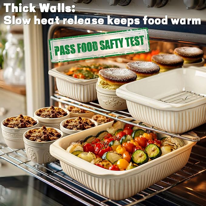 Artena Casserole Dishes For Oven, Ceramic Baking Dish, Large Lasagna Pan With Handles, Baking Pan Casserole Dish, Rectangular Bakeware Deep, White, Set Of 3 (5.1Qt/2.3Qt/1.1Qt) (Baking Dish With Lids)