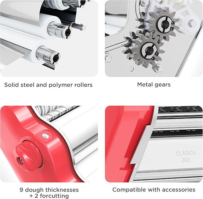 PASTALINDA Classic 260 Pasta Maker Machine, 26 cm Wide Rollers, 9 Thickness Positions, 2 Cutting Positions, Stainless Steel. Includes Reinforced Hand Crank And Two Clamps (Coral)