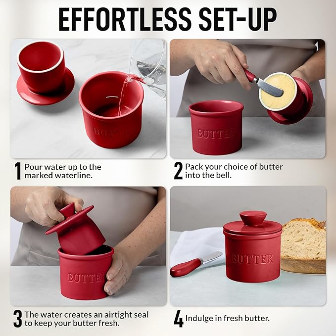 Zulay Kitchen Porcelain Butter Crock With Lid & Knife - Authentic French Butter Dish For Fresh & Spreadable Butter - Garnet