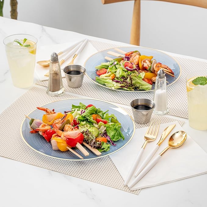 Restaurantware Plastic Plates 100 Pcs 10" Gold Rimmed Disposable Plates Heavy-Duty Blue Translucent Rippled Plastic Dinner Servers for Party, Weddings, Salads, Desserts, and Appetizers