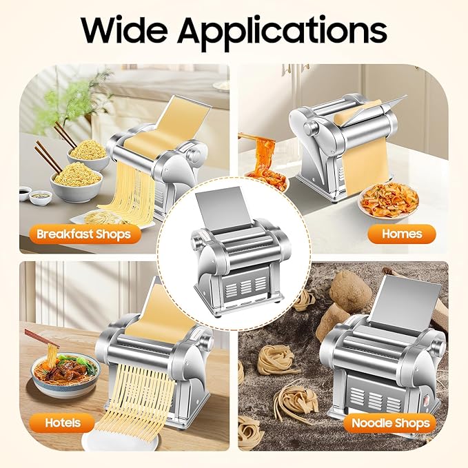 Electric Pasta Maker Machine, Automatic Dough Sheeter Dough Roller, Noodles Dumpling Skin Maker, Thickness Adjustable Stainless Steel, for Home Family Use(110V)