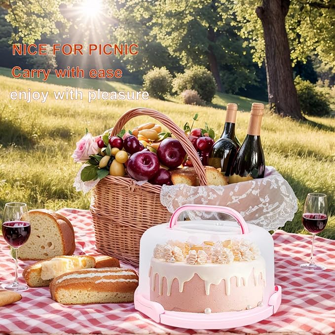 10" Round Cake Carrier Stand with Lid and Handle,Portable Two Sided Cake Holder Serves as 5 Section Fruit Tray,Cupcake Containers for 11 Cupcakes (Pink)