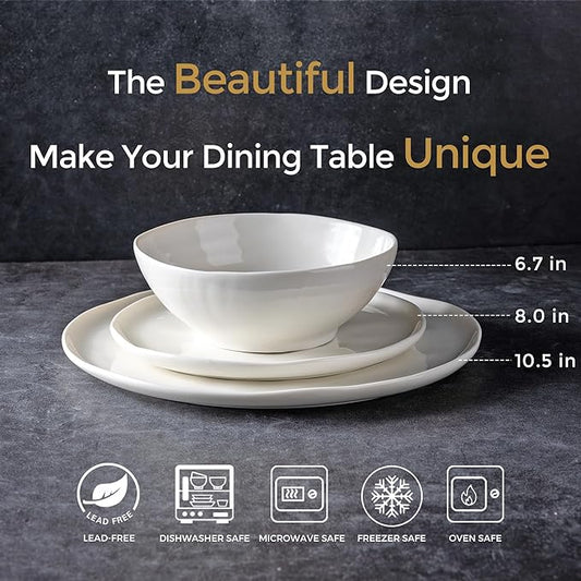 LERATIO Ceramic Dinnerware Sets for 4,Porcelain Plates and Bowls Sets with Wavy Edge,Microwave & Dishwasher & Oven Safe,Light Weight & Scratch Resistant Dishes Sets-Service for 4 (12pcs)-White