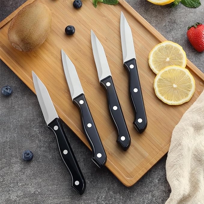 BEWOS 4-Piece Paring Knife Set - Paring Knives with Ergonomic Handle, 3.5 Inch Triple Rivet Paring Knives, Stainless Steel/Black Parers for Vegetable, Fruit & Kitchen Use