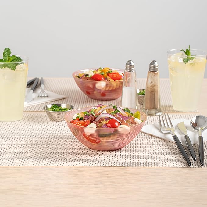 Restaurantware Plastic Bowls 100 Pcs 16 oz Gold Rimmed Disposable Soup Bowls Heavy-Duty Pink Translucent Rippled Dinnerware Containers for Party, Desserts, Salads, Snacks, and Catering