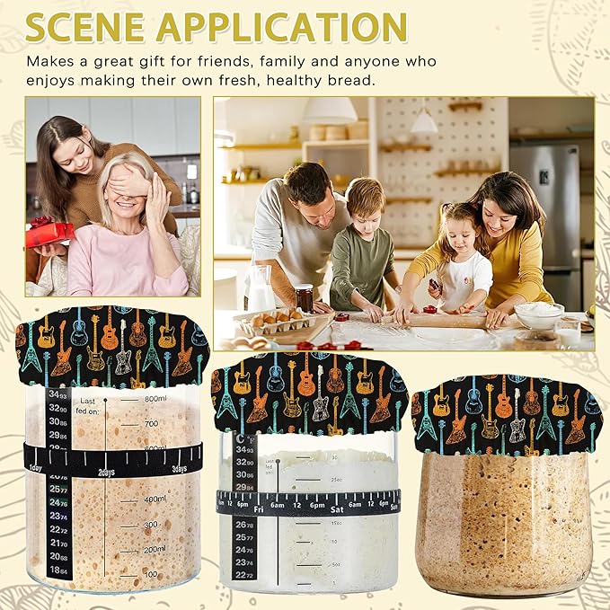 Colorful Guitar Sourdough Jar Cover Reusable Cloth Lid for Sour Dough Starter Jar,5 Pack Bread Fermentation Container Tops Elastic Fabric Caps