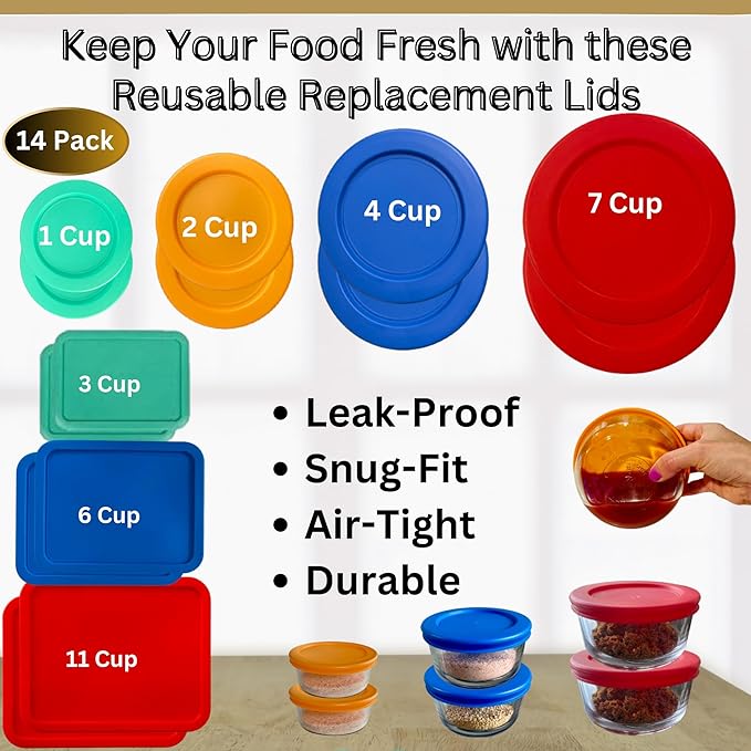 1, 2, 4 & 7 Cup Round & 3, 6, 11 Cup Rectangle Replacement Lids/Covers for Pyrex, Anchor Hocking & KlareWare Storage Bowls *Lids Only -Glass Container Not Included*, 14 Pack *2 of Each Size*