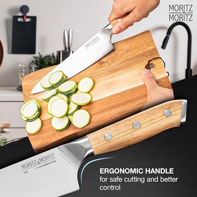 Moritz & Moritz 8-Inch Chefβs Knife, German Stainless Steel Kitchen Knife with Acacia Wood Handle, Professional All-Purpose knives for Slicing, Chopping & Dicing, Razor Sharp & Ergonomic