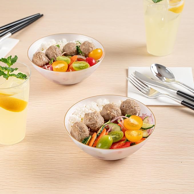 Restaurantware Plastic Bowls 100 Pcs 16 oz Gold Rimmed Disposable Soup Bowls Heavy-Duty White Translucent Rippled Dinnerware Containers for Party, Desserts, Salads, Snacks, and Catering