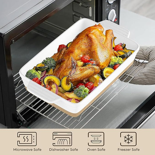 Ceramic Baking Dish, Casserole Dishes for Oven, Extra Deep Lasagna Pans with Handles, Rectangular Bakeware Set of 3 from Oven to Table, Easy to Clean, 14.7 x 8.7 x 3 Inches, White