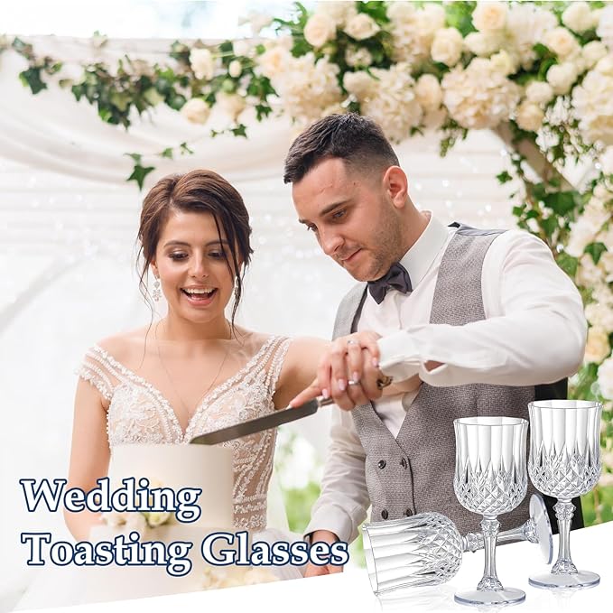 XUWAIDSGN 7oz Plastic Vintage Wine Glasses Drinking Glasses Unbreakable Wedding Glassware Crystal Water Goblets Reusable Drinkware Vintage Champagne Flutes (100, Clear)