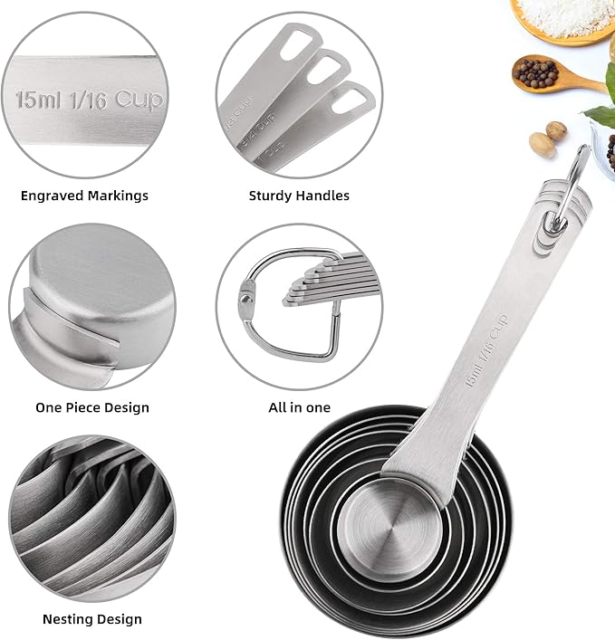 Measuring Cups Set, 18/8 (304) Stainless Steel Measuring Cups Set 9, Metal 8 Measuring Cups with 1 Magnetic Conversion Chart, Metric Measuring Cups with 1/8 & 3/4 Cup for Baking & Kitchen