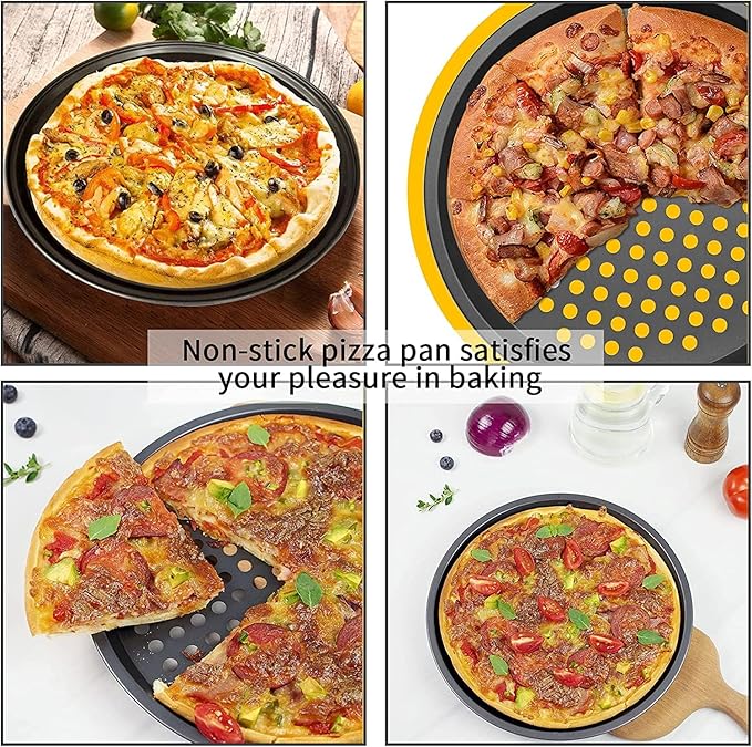 11 inch Pizza Pan With Holes, Carbon Steel Perforated Non-Stick Bakeware for Home Kitchen Oven, 2 Pack
