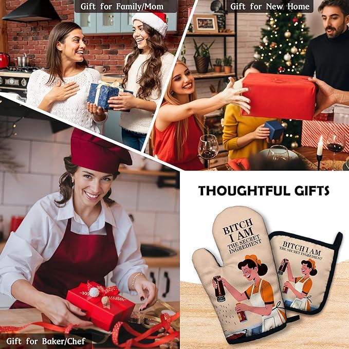 ZHANTUONE Bixxh I Am The Secret Ingredient Funny Heat Resistant Oven Mitts and Pot Holders Set with Silicone Non-Slip, Hostess Cooking Baking Gadgets, Gifts for Women Bake Lover, Housewarming Gifts