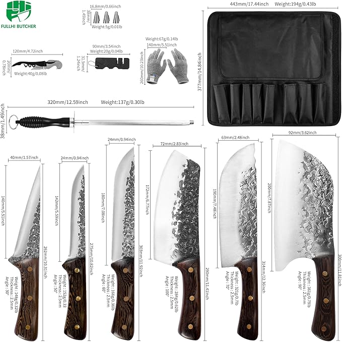 FULLHI 12pcs Chef/Butcher Fish Knife Set, High Carbon Steel Hand Forged Boning bbq Knife Set With Bag for Kitchen, Camping, BBQ