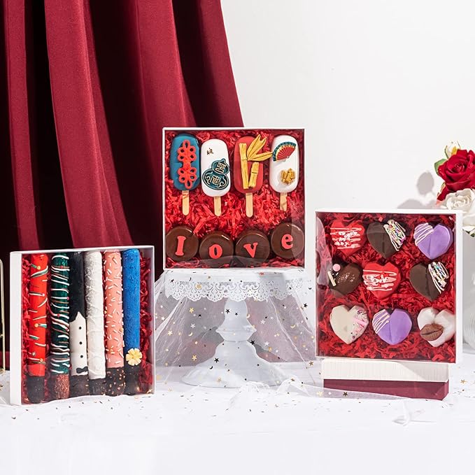 RomanticBaking 50Pack 8x8x1½ Inch Clear Cookies Boxes for Gift Giving Chocolate Covered Pretzel Rods Boxes Heart Cocoa Bombs Boxes Macaron Boxes