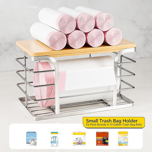 Trash Bag Holder with Bamboo Top, Wall Mount 304 Stainless Steel Garbage Bag Dispenser,Stackable Storage for Kitchen Laundry Organization,Silver Small