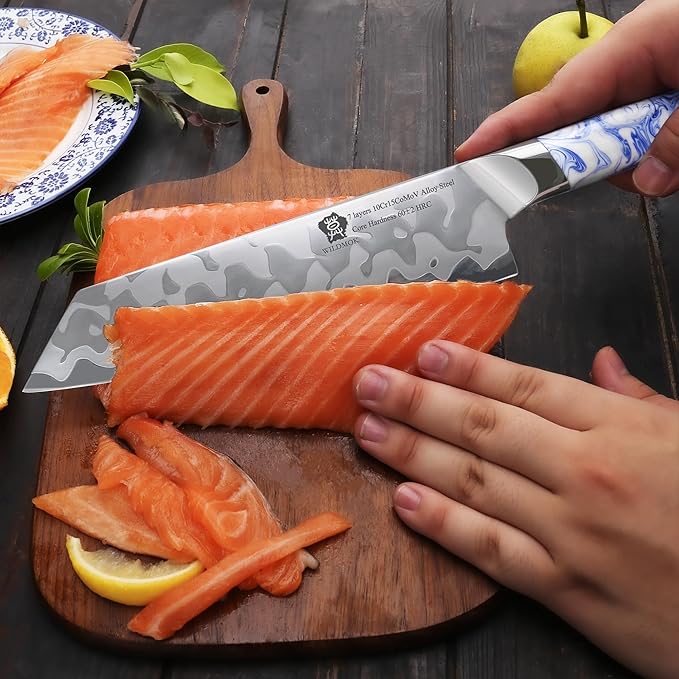 WILDMOK Kiritsuke Knife 8.5 Inch, Japanese Kitchen Chef Knives - 7 Layer Alloy Steel Fish Slicing Knife with Resin Handle - Qing Series