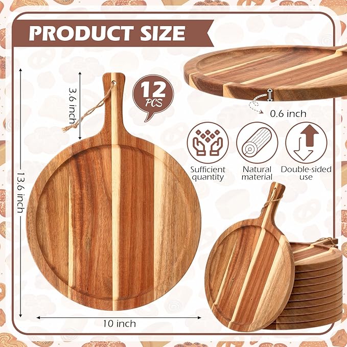 Tanlade 12 pcs Wood Cutting Board Bulk Round Wooden Serving Tray with Handle Acacia Chopping Boards Kitchen Charcuterie Paddle for Pizza Bread Cheese Fruit Vegetables
