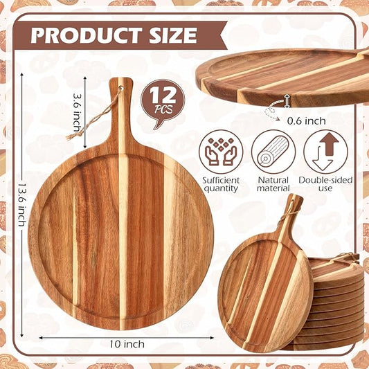 Tanlade 12 pcs Wood Cutting Board Bulk Round Wooden Serving Tray with Handle Acacia Chopping Boards Kitchen Charcuterie Paddle for Pizza Bread Cheese Fruit Vegetables