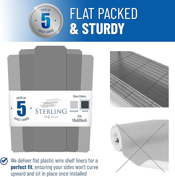 Shelf Liners for Wire Shelf System: Set of 5 in Graphite: 18 x 60 inch: Plastic Wire Shelving Shelf Mats
