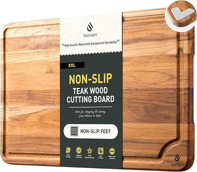 Extra Large Teak Wood Cutting Board 20inch for Kitchen Non Slip Feet Over Sink Butcher Block Chopping Board Nice Solid Thick Wooden Juice Groove Big Xl XXl large Best Hardwood Kitchen Counter Organic