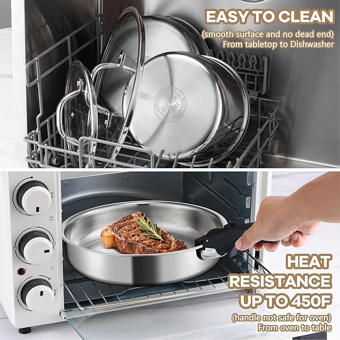 E-far 9pcs Stainless Steel Cookware Set, 3-Ply Pots and Pans Set w/Detachable Handle & Lid, Induction Cookware Kitchen Cooking Set for RV Camping, Nontoxic Whole Clad Frying/Saute/Sauce Pan, Oven Safe