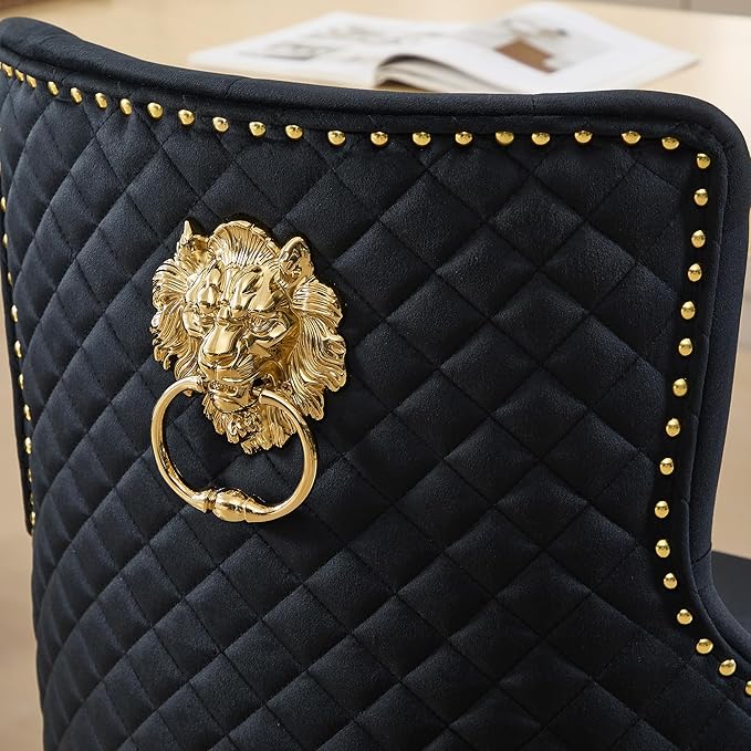 Velvet Gold Barstools Set of 2, Modern Counter Height Adjustable Swivel Stools Chairs with High Tufted Backrest Golden Base Lion Head Pull Ring Diamond Pattern Rivet Trim for Kitchen (Black)