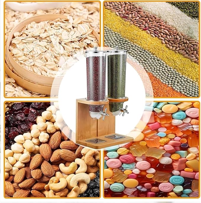 3.5L/7L/10.5L Dry Food Dispenser, Triple-Head Cereal Storage Container with PC Barrel and Wood Base for Rice, Candy, Beans, and Nuts(Single head)
