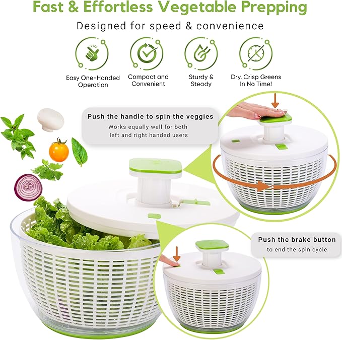 Brieftons QuickPush Salad Spinner: Large 6.3-Quart Vegetable Washer Dryer Strainer Drainer, Easy One-Handed Handle & Brake, Fast Spin Cycles, Compact Storage, to Wash, Clean & Dry Vegetables, Fruits