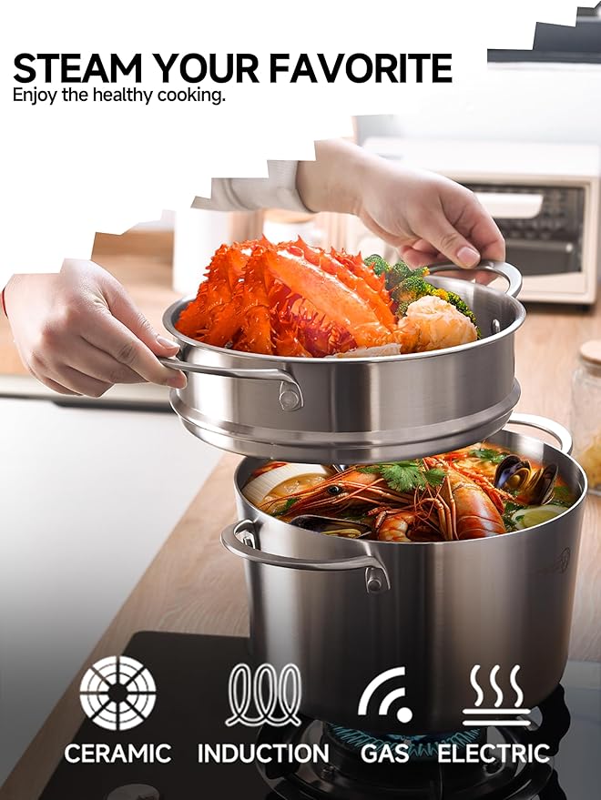 LOLYKITCH Tri-ply Stainless Steel 5 QT Stock Pot with Steamer,Induction Cooking Pot,Pots and Pans,Heavy Duty,Dishwasher and Oven Safe.