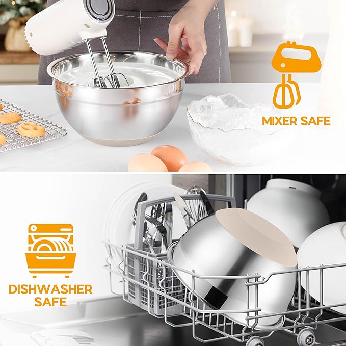 Onader Mixing Bowls with Lids Set of 6, Large Metal Nesting Mixing Bowls, Stainless Steel Non-Slip Salad Bowl Khaki – Size 1, 1.5, 2, 2.6, 3.5, 7QT