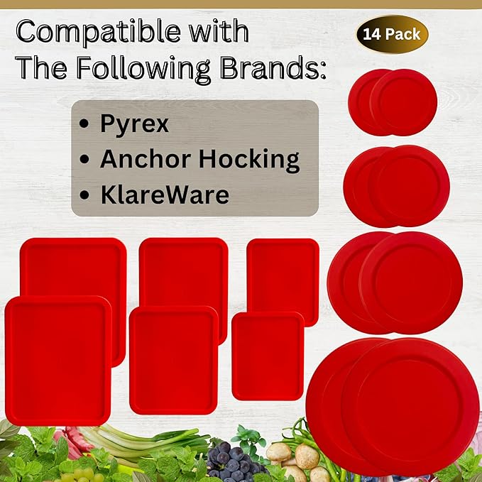 1, 2, 4 & 7 Cup Red Round & 3, 6, 11 Cup Red Rectangle Replacement Lids/Covers for Pyrex, Anchor Hocking & KlareWare Storage Bowls *Lids Only -Glass Container Not Included*, 14 Pack *2 of Each Size*