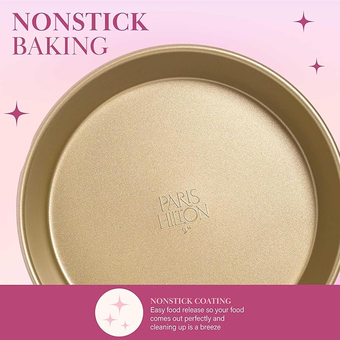 Paris Hilton Nonstick Carbon Steel Bakeware Collection, 9-Inch Round Cake Pan, Dishwasher Safe, Made without PFOA and PFAS, Pink Champagne Two-Tone