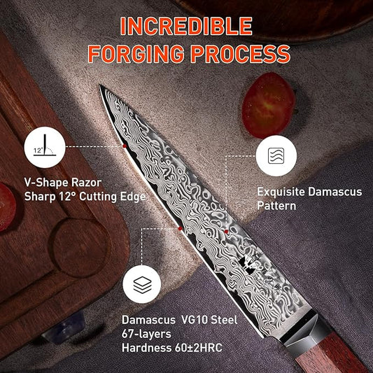 Kitchen Utility Knife 5 inch Damascus Small Chef Knife 67-Layer Damascus VG10 Steel Ultra Sharp Professional Paring Knife with Hexagon Natural Wood Handle