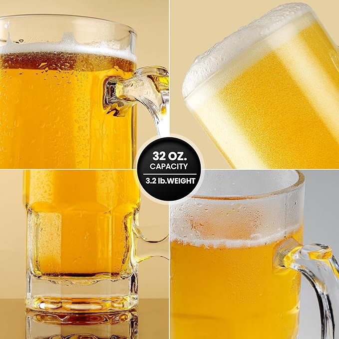 34oz Large Glass Beer Mug Set of 2 with Handle