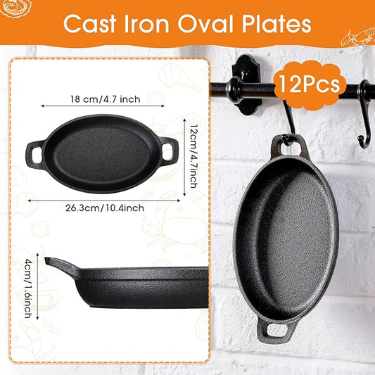 Mifoci 12 Pcs Oval Serving Dish Mini Cast Iron Skillet Cast Iron Baking Pan Sizzling Plate Matte Black Gratin Cookware for Home Restaurant Kitchen Food Service Barbecue (7.1" X 4.7")