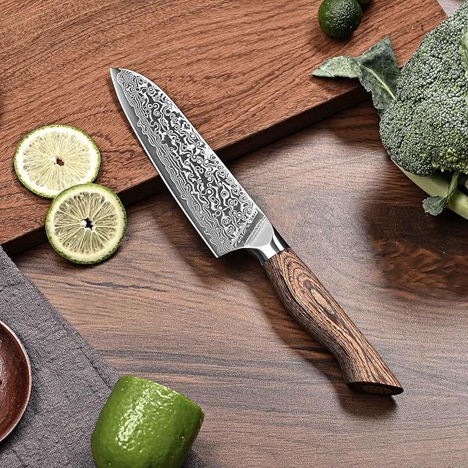 KINGOD Santoku 5 inch Chef Knife, Small Kitchen Knife, High Carbon Stainless Steel with VG10 Core, Ergonomic Wood Handle, Home or Restaurant