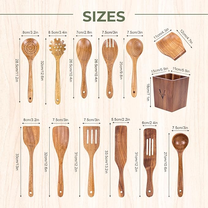 XXL Wooden Utensil Set – 13 Piece Acacia Wood Cooking Tools with Square Holder for Nonstick Cookware with Holder & Spoon Rest – Wooden Spoons for Cooking, Spatula, Spurtle