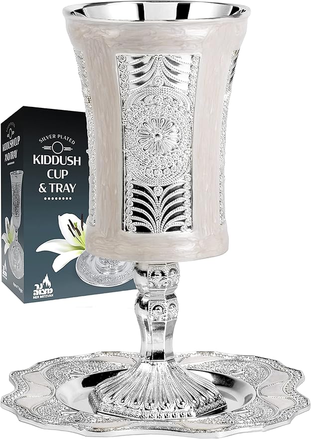 Ner Mitzvah Tall Kiddush Cup and Tray - Premium Quality Marble and Silver Plated Goblet With Stem - Shabbat and Havdalah Goblet - Judaica Shabbos and Holiday Gift