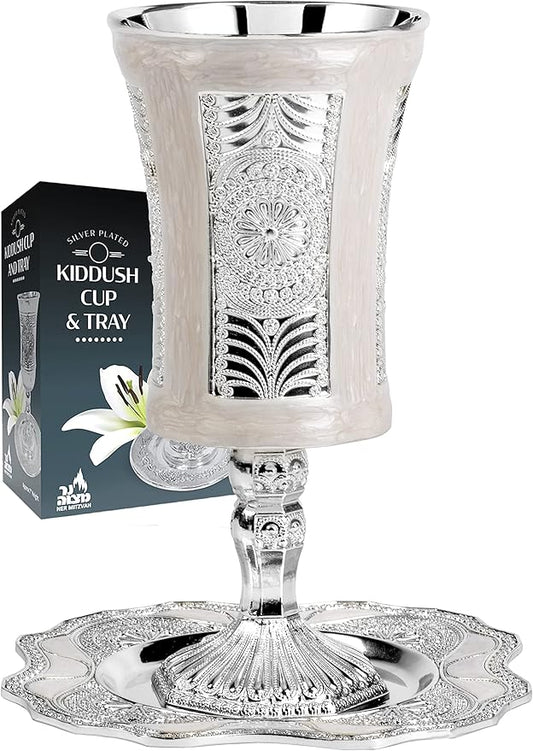 Ner Mitzvah Tall Kiddush Cup and Tray - Premium Quality Marble and Silver Plated Goblet With Stem - Shabbat and Havdalah Goblet - Judaica Shabbos and Holiday Gift