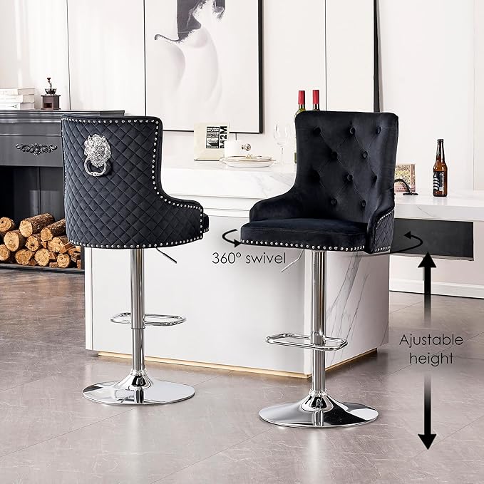 Velvet Lion Bar Stools Set of 6, Modern Height Adjustable Swivel Barstools with Chrome Base, Tufted Counter Height Bar Stools Upholstered Bar Chairs for Kitchen Island, Dining Room, Black